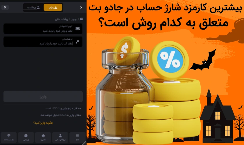 بیشترین کارمزد شارژ حساب در جادو بت متعلق به کدام روش است؟